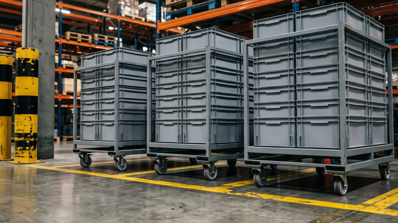Three grey pick carts stacked with empty totes stand in a row on a warehouse floor marked with yellow lines.