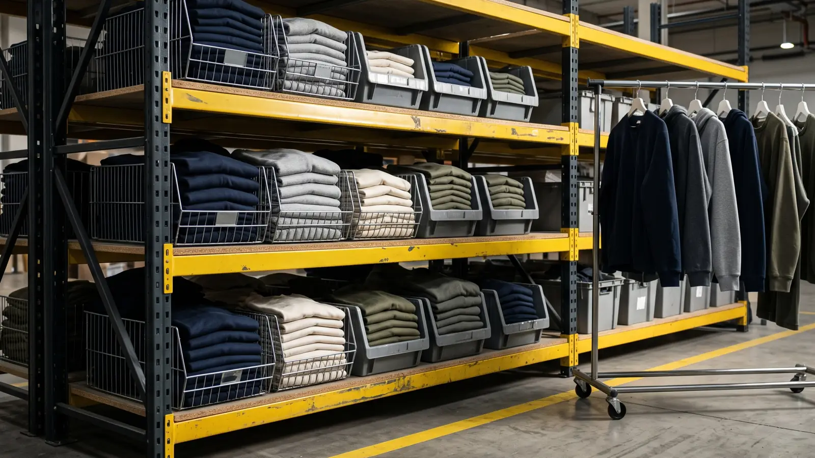 Yellow and black warehouse racking holds folded plain garments in totes, with a rolling garment rail beside it.