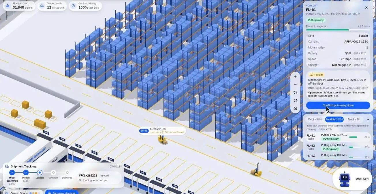Detail panel for a selected forklift with battery, speed and charger fields shown in a demo for warehouse management software (demo data)