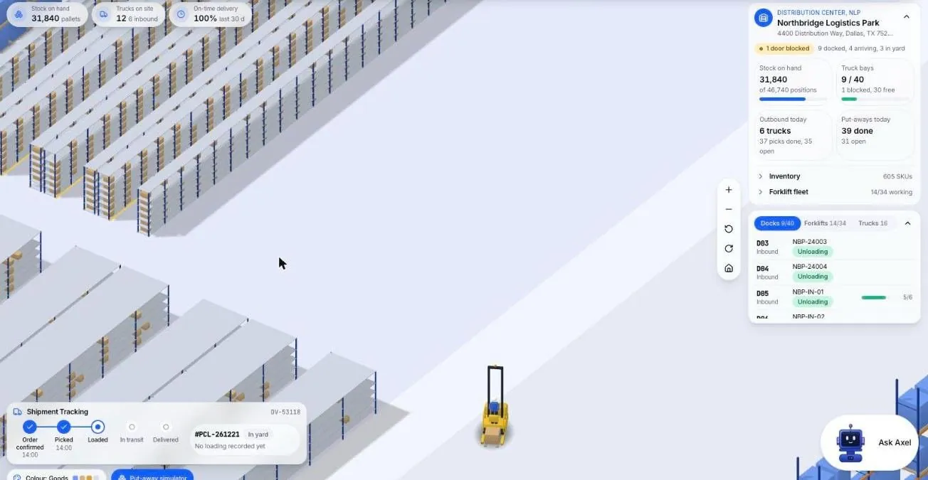 Rack view of shelving rows with cartons, an open aisle and a forklift carrying a put-away task tag shown in a demo for warehouse management software (demo data)